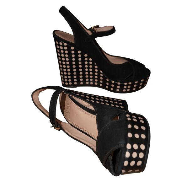 Tory Burch Ollie Black Suede Polka Dot Wedge Sandals Women’s 6.5M Made in Brazil - Picture 9 of 12